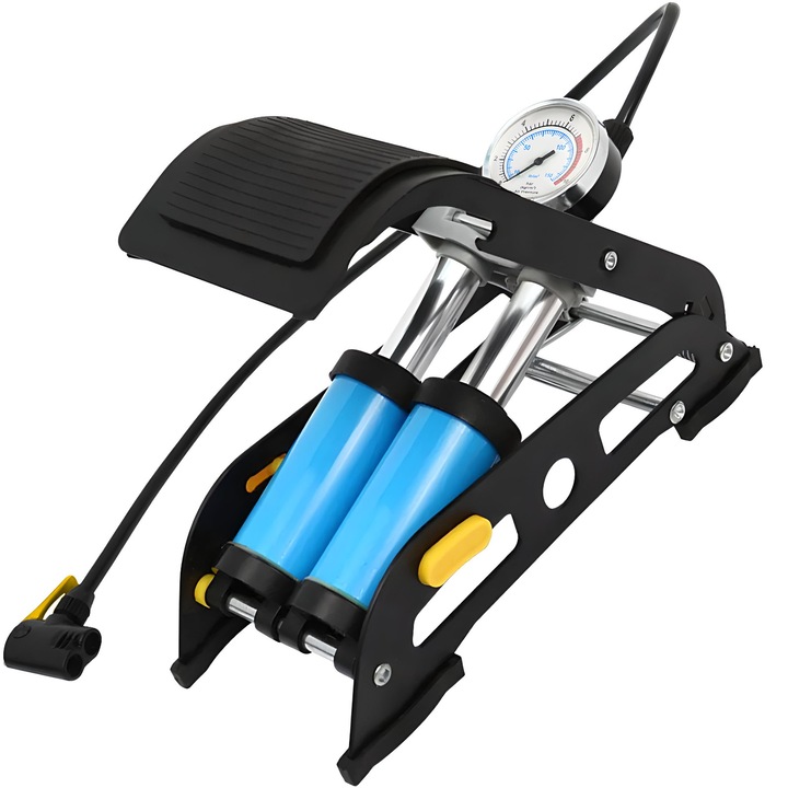 Pompa cu picior, Retoo, 10 bar, 3 adaptoare, negru/albastru, 290x125mm