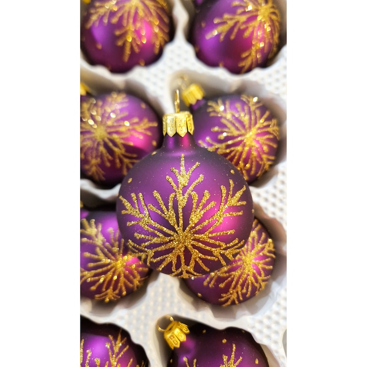 Set globuri de Craciun, 12 bucati, sticla, violet, 7x6x7cm
