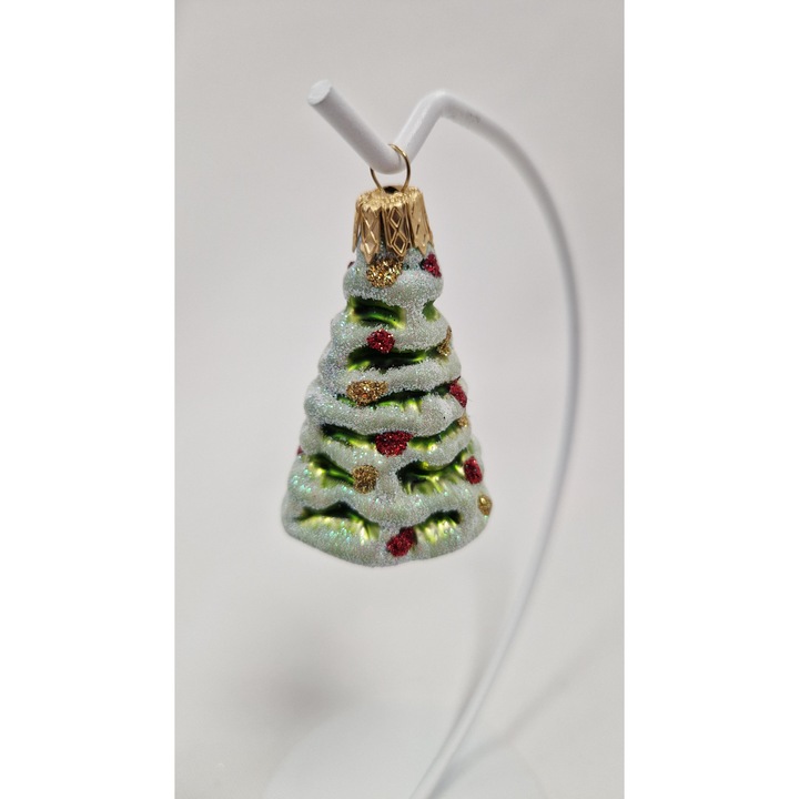 Glob de Craciun din sticla, model brad verde, decorat manual, 7cm