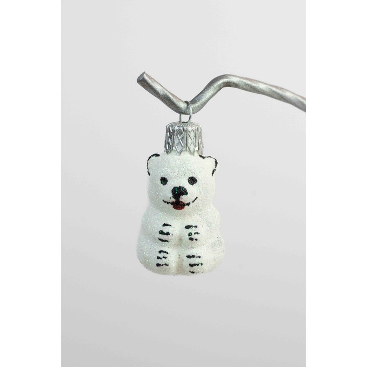 Glob de Craciun din sticla, decorat manual, alb, 4.5x3.5x4.5cm, set 1 bucata