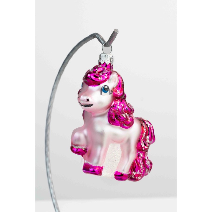 Glob de Craciun din sticla, nelino, roz, 8.5x6x8.5cm, decorat manual, set 1 bucata