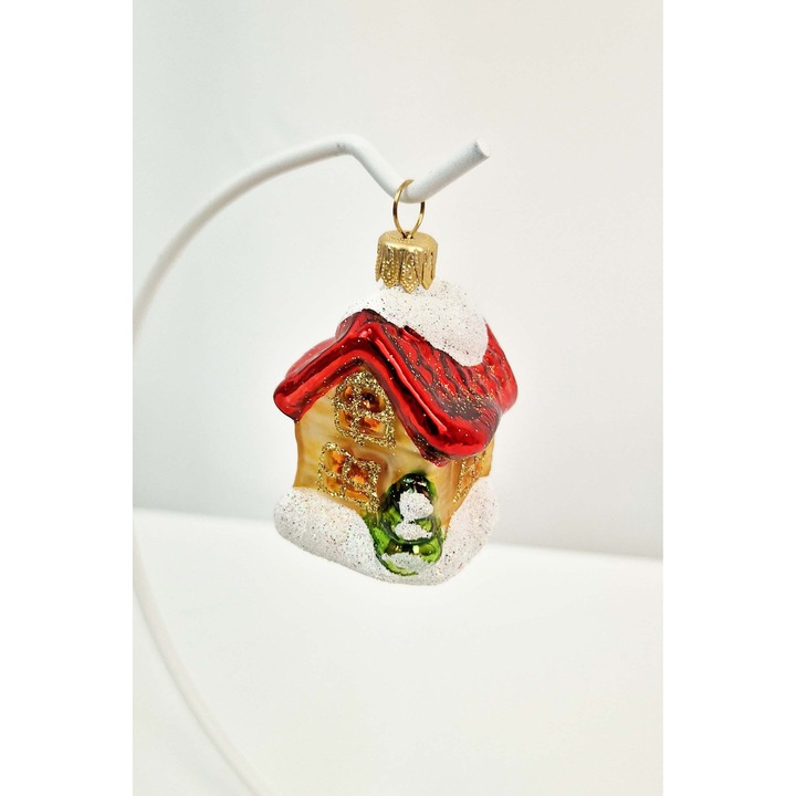 Glob de Craciun din sticla, decorat manual, model casa acoperita cu zapada, auriu, 6x3.5x6cm