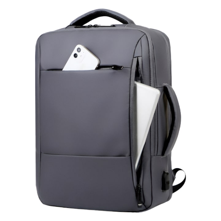 Rucsac pentru laptop/tableta, pana la 16 inch, waterproof, 4 compartimente, port USB, design ergonomic, gri inchis