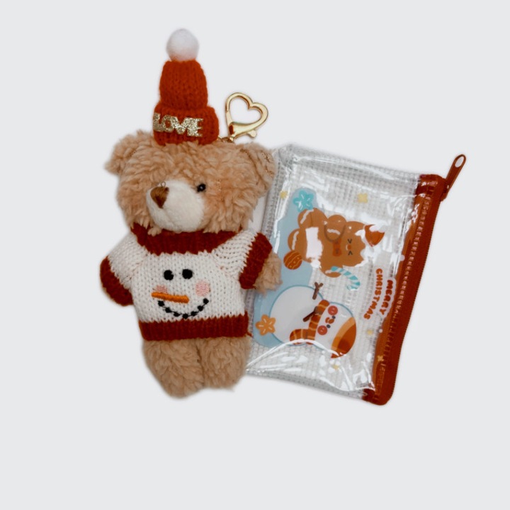 Breloc, Ursulet moale, Cu punguta cadou de Craciun pentru maruntis, Crem/Alb