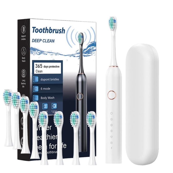 Szónikus elektromos fogkefe, 40 000 pulzáció/perc, 6 program, fehér, 8 fejes készlet tárolódobozzal, IPX7, USB-C