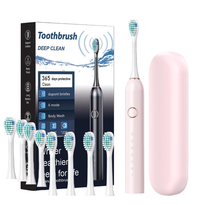 Szónikus elektromos fogkefe, 40 000 pulzáció/perc, 6 program, rózsaszín, 8 fejjel és tárolódobozzal