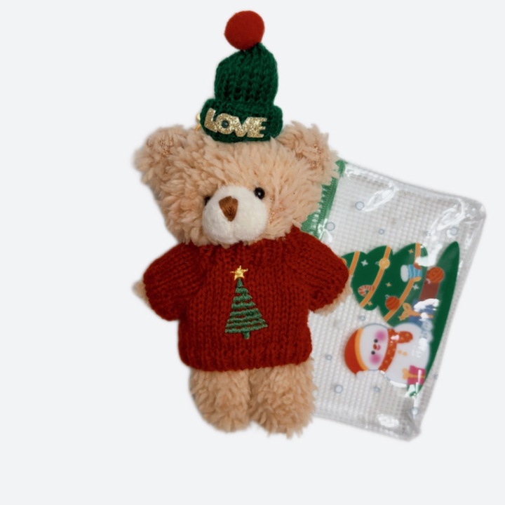 Kulcstartó, Puha mackó, Karácsonyi ajándéktáskával aprópénznek, Többszínű/Zöld