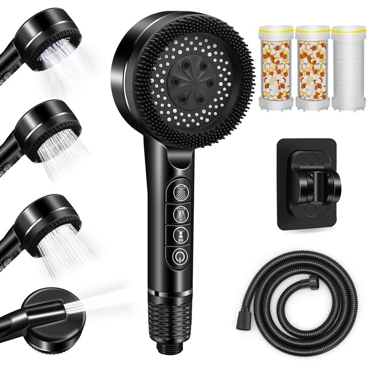 Душ слушалка под високо налягане, 4 режима на струята, 15-степенен филтър за душ, премахване на хлор и примеси, бутон за включване/изключване, силиконова четка за масаж, с маркуч 1,5 м и опора, матово черна