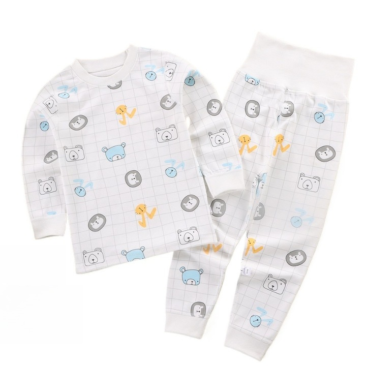 Pijamale copii Ronyes, bumbac, albe, model ursuleti, talie inalta, 73cm