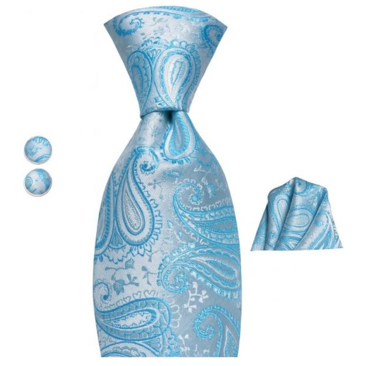 Комплект вратовръзка коприна + кърпичка + копчета за ръкавели, синьо, SCR295