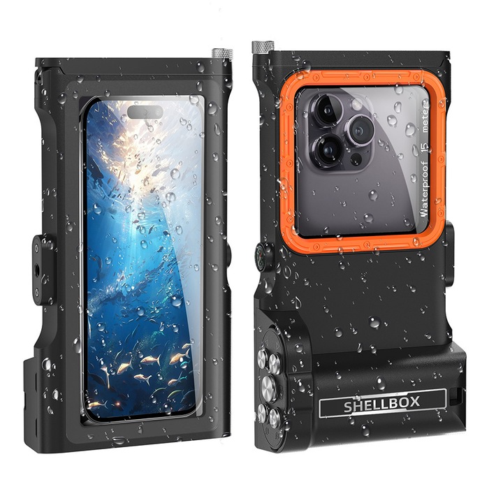 Husa subacvatica, Garsonal®, protectie impermeabila 15m, telecomanda Bluetooth, pentru telefoane de pana la 6.9 inch, Adecvata pentru snorkeling si scufundari, Negru/orange