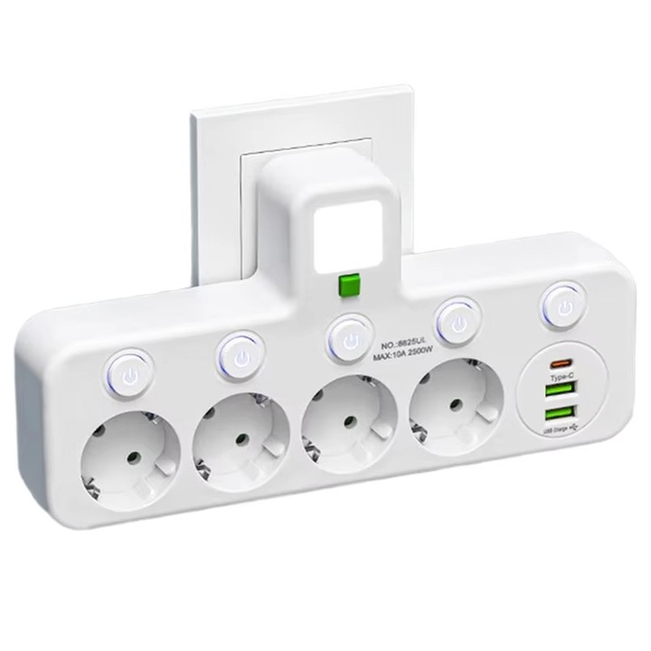 Prelungitor 2500W, Garsonal®, 4 prize, 2 USB-A, 1 USB-C, 5 Intrerupator Individuel, montare pe perete, Lumina de Noapte, Alb