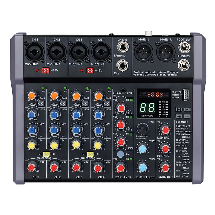 Аудио миксер, Garsonal, 6 канала, 99 DSP ефекта, поддръжка на MP3 формат, вграден Bluetooth модул, 48 V, серия A, аудио карта, черен