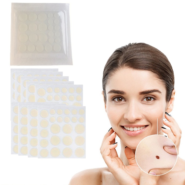 Set 240 plasturi hidrocoloidali anti-acnee, LXNZUHN®, transparent, autoadezivi, pentru tratamentul acneei cu puncte albe