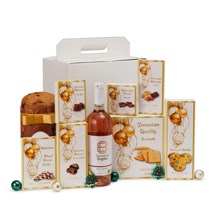 Set cadou Crăciun, vin rose 750 ml, panettone 500 g, ciocolată, decorațiuni