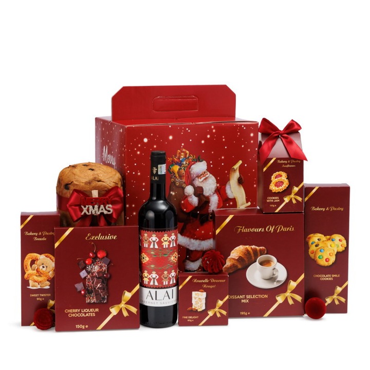 Cadou Craciun, Vin rosu demisec Cabernet Sauvignon, Panettone cu ciocolata si portocala, Set
