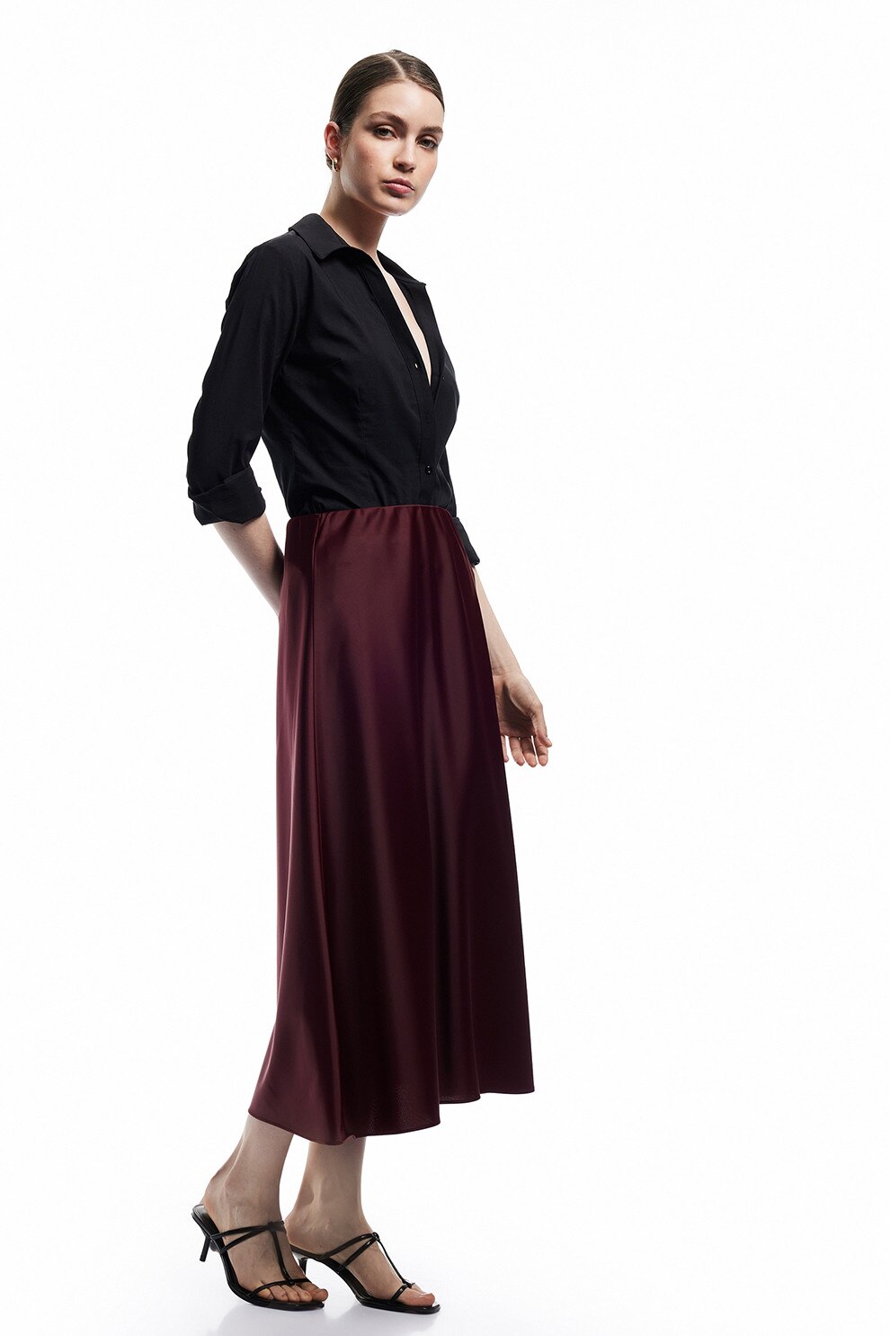 KOTON, Fusta de satin cu talie inalta, Rosu inchis, 36
