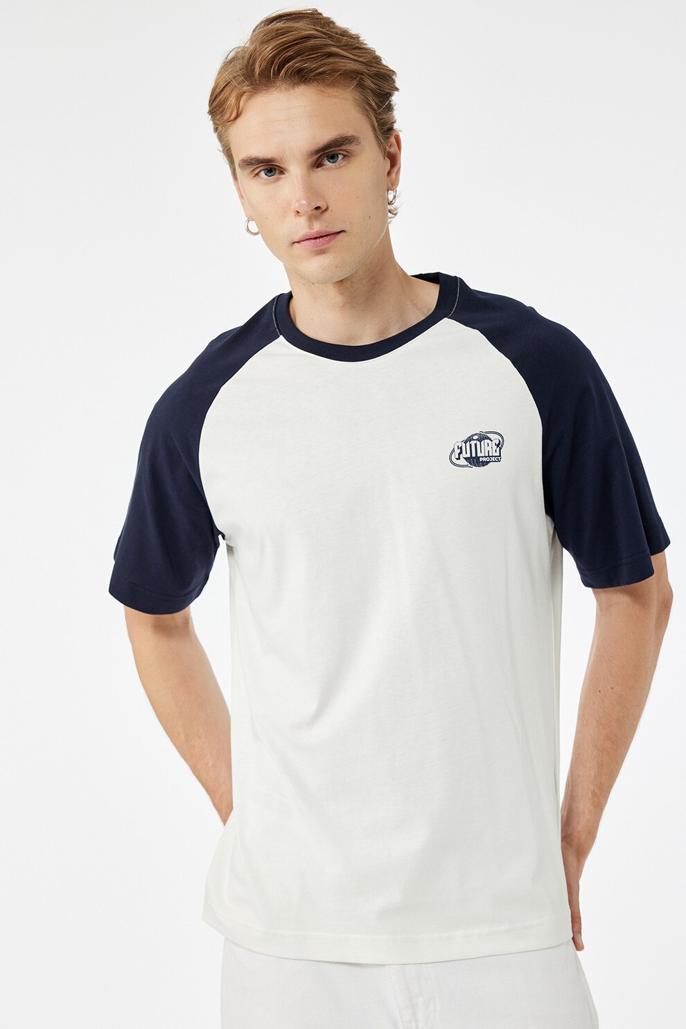 KOTON, Tricou de bumbac cu maneci raglan, Alb, Bleumarin, S