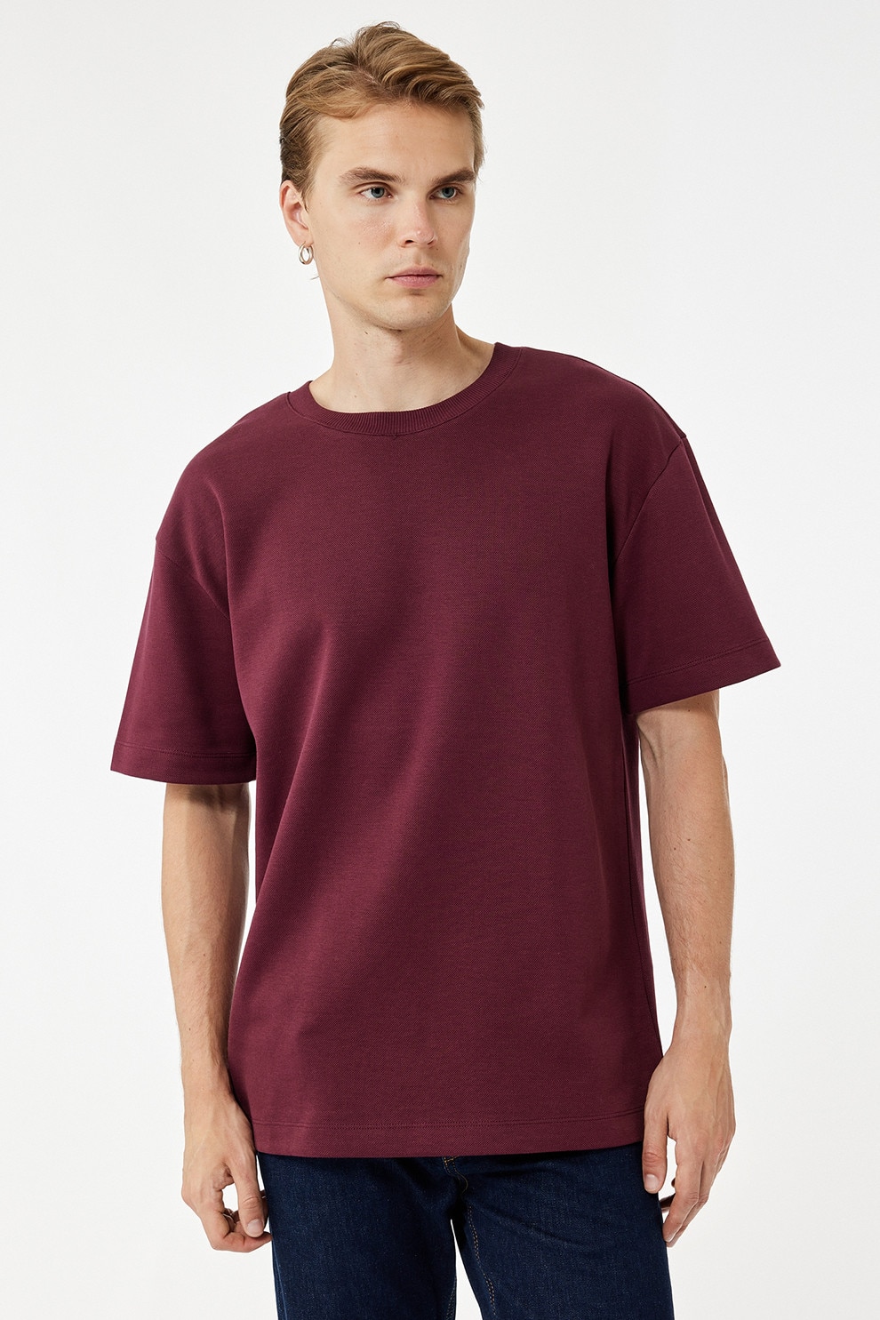 KOTON, Tricou relaxed fit cu decolteu la baza gatului, Violet tyrian, XL