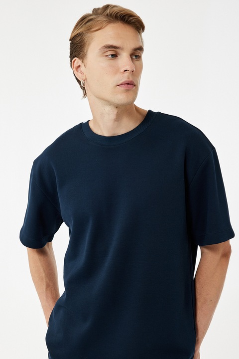 KOTON, Tricou relaxed fit cu decolteu la baza gatului, Albastru ultramarin