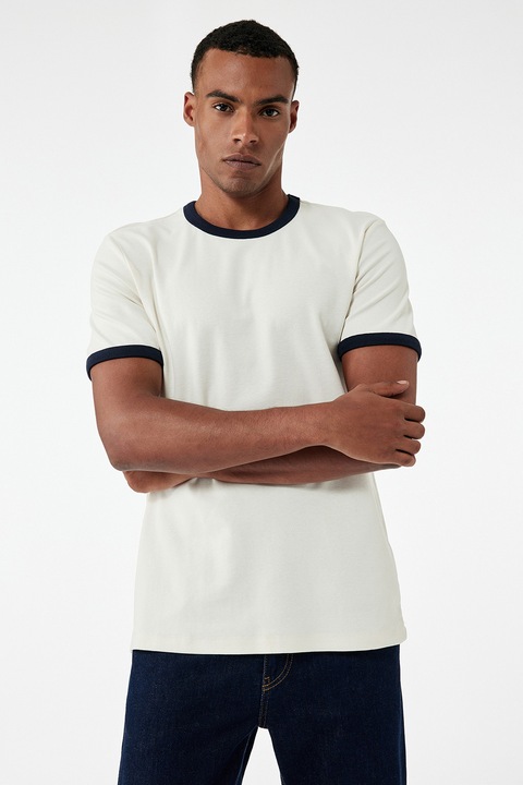 KOTON, Tricou din amestec de bumbac cu decolteu la baza gatului, Alb fildes/Negru