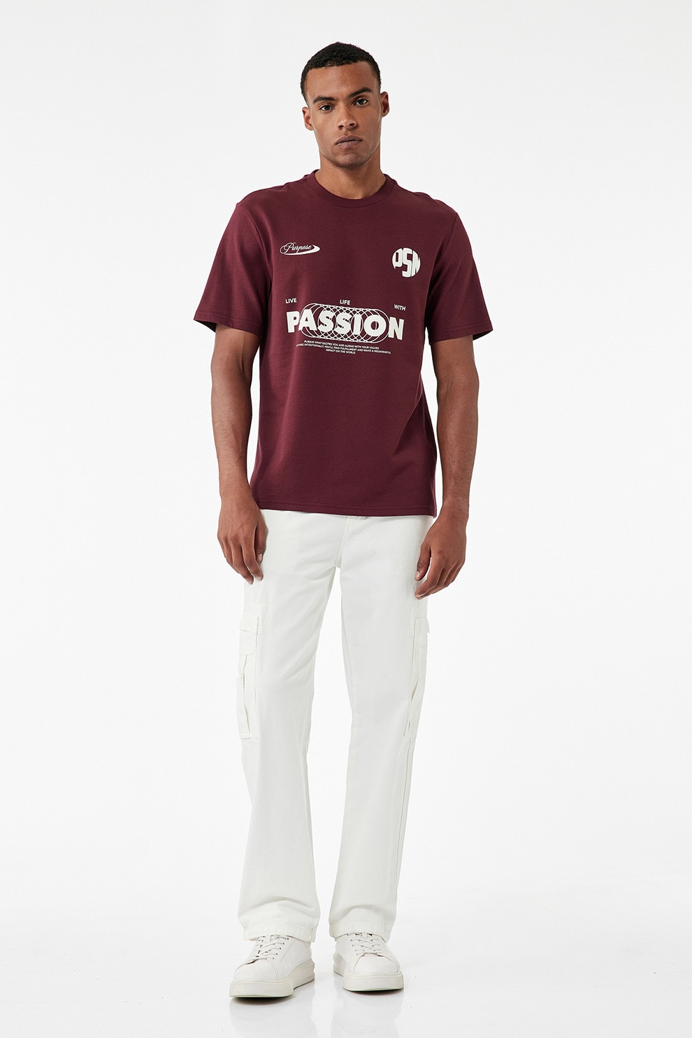 KOTON, Tricou de bumbac cu imprimeu, Visiniu, Alb optic, M