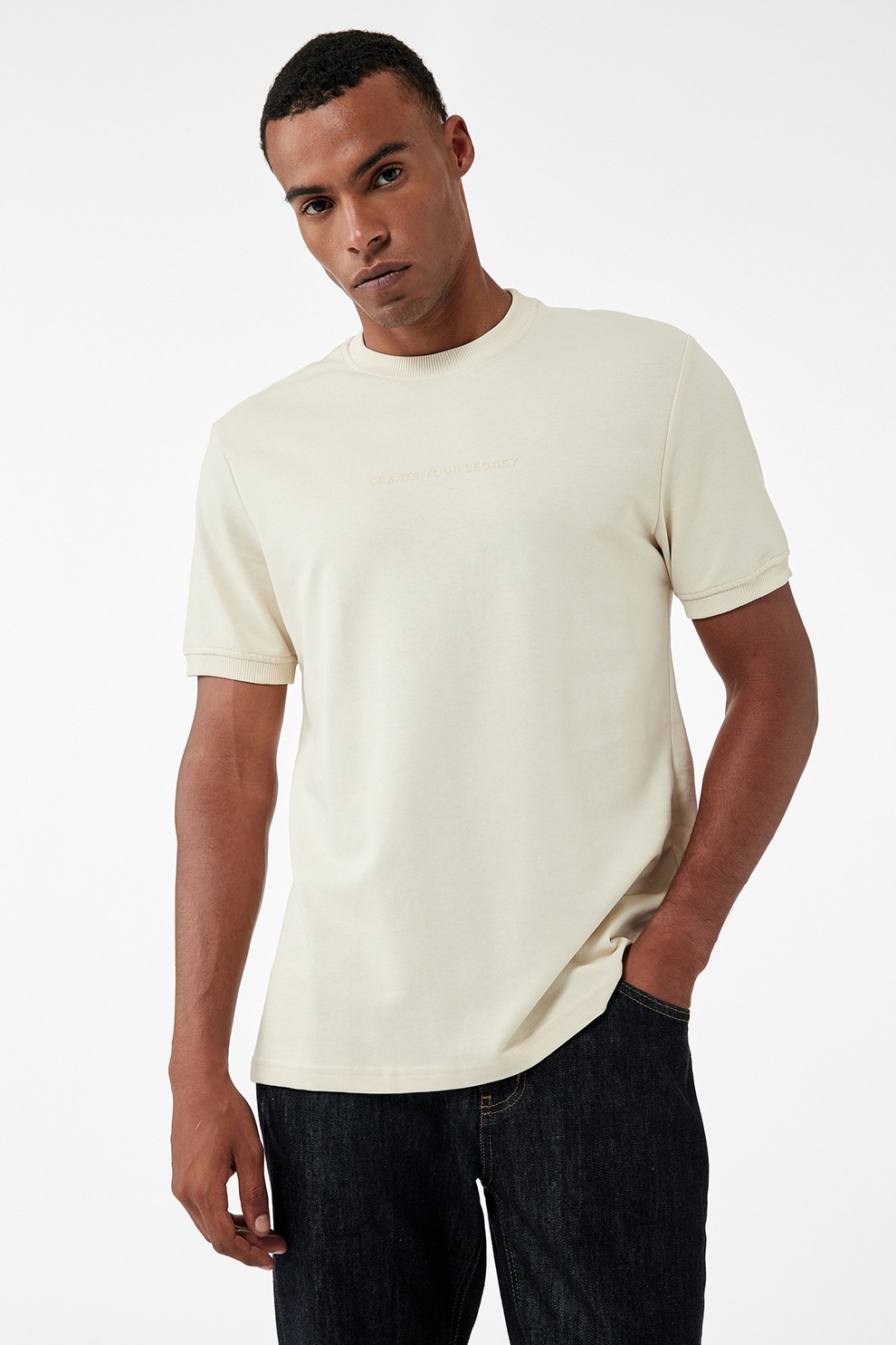 KOTON, Tricou de bumbac cu decolteu la baza gatului, Alb fildes, S