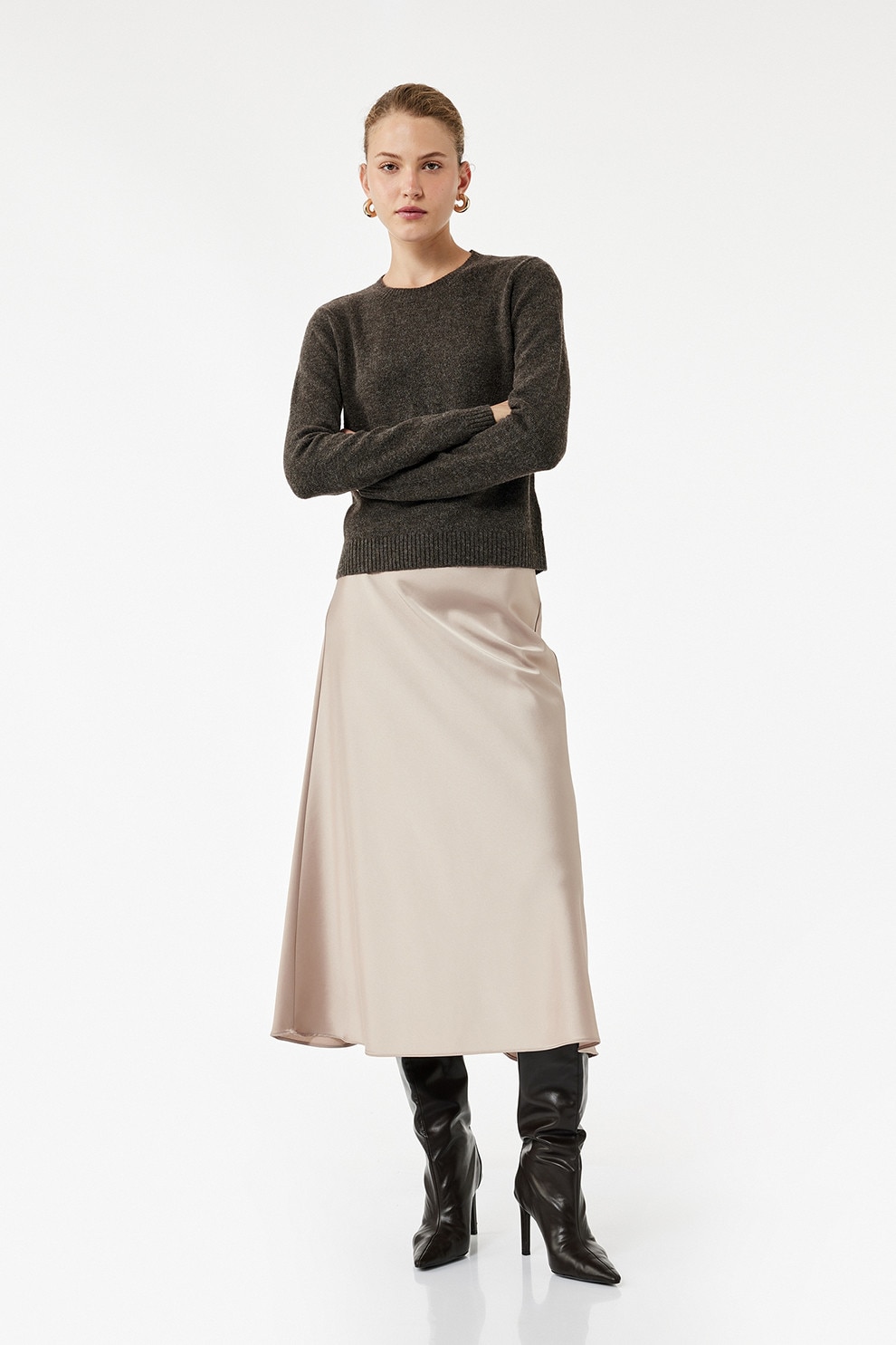 KOTON, Fusta midi din satin cu croiala in A, Bej deschis, 40