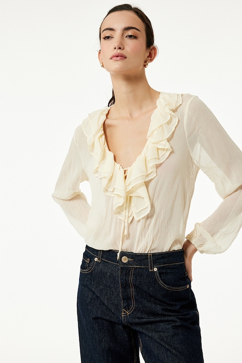 KOTON, Bluza cu decolteu in V si volane, Bej deschis