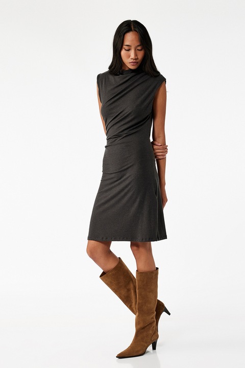 KOTON, Rochie scurta din amestec de lyocell si lana cu model drapat, Gri inchis