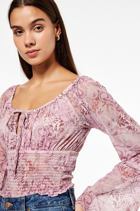 KOTON, Bluza cu maneci lungi si model paisley, Roz inchis/Roz prafuit