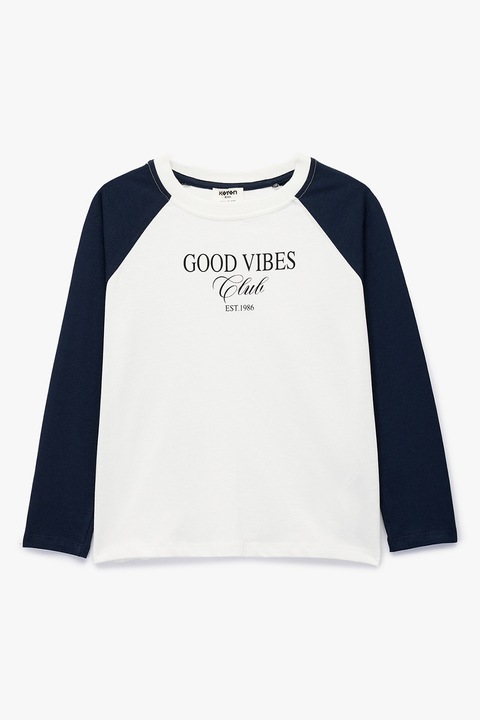 KOTON, Bluza de bumbac cu imprimeu text, Alb/Bleumarin