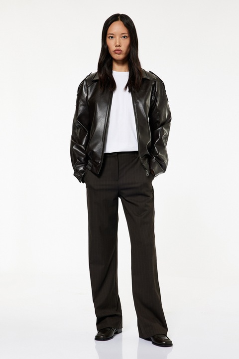 KOTON, Jacheta de piele ecologica cu fermoar, Maro inchis