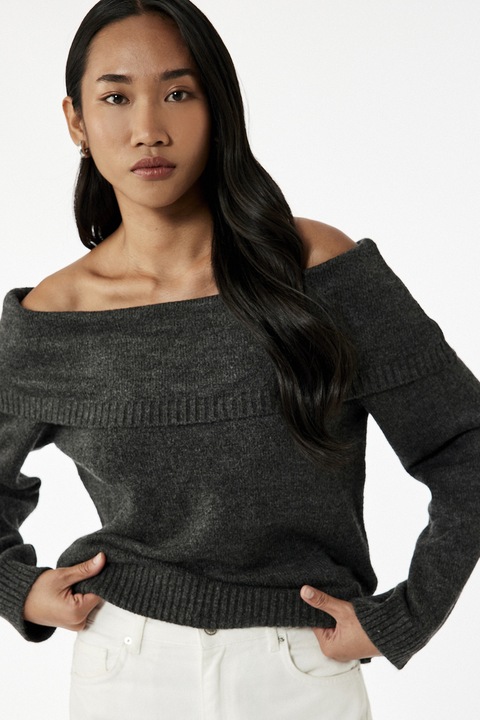 KOTON, Pulover lejer cu decolteu pe un umar, Gri inchis melange