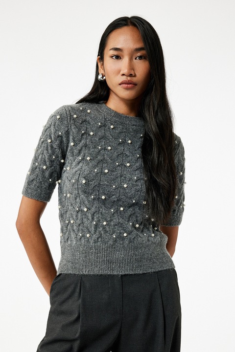 KOTON, Pulover striat cu aplicatii cu margele, Alb fildes/Gri melange