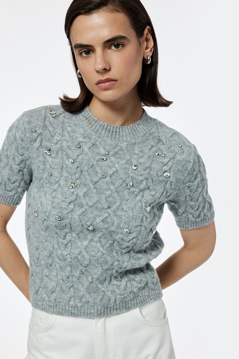 KOTON, Pulover tricotat cu maneci scurte, Gri melange/Argintiu, L