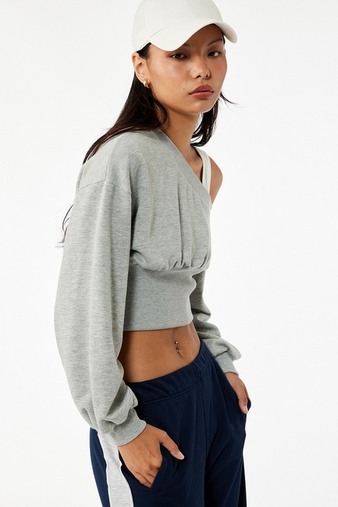 KOTON, Bluza crop de trening cu decolteu pe un umar, Gri deschis