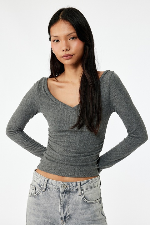 KOTON, Bluza cu volane slim fit, Gri inchis