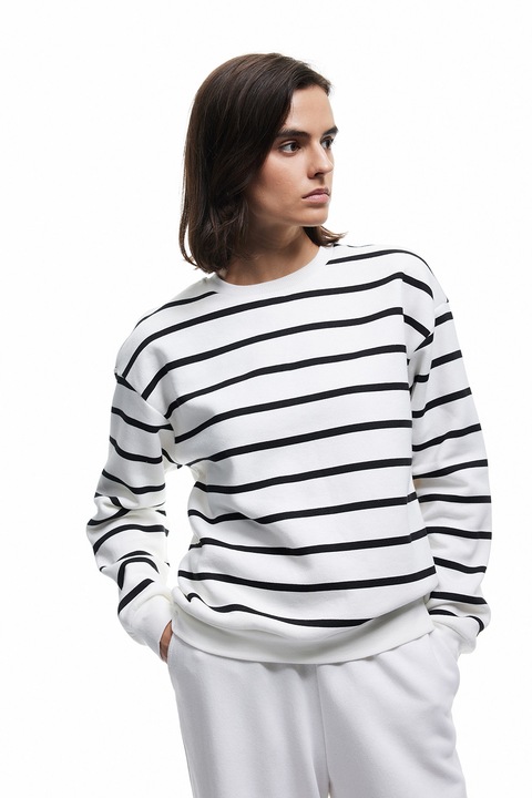 KOTON, Bluza de trening cu dungi si decolteu la baza gatului, Alb/Negru, XS