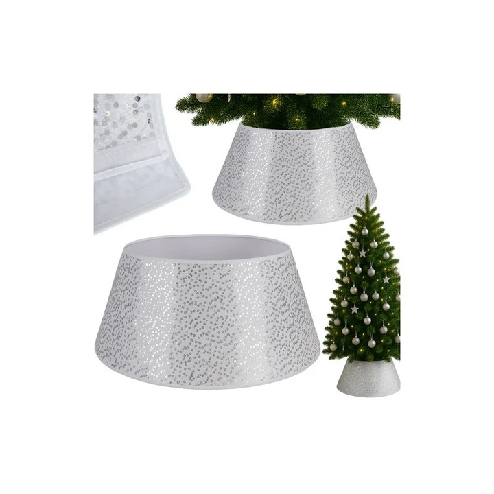 Suport decorativ brad Craciun, husa 60 cm, fixare cu velcro, universal, alb cu paiete argintii