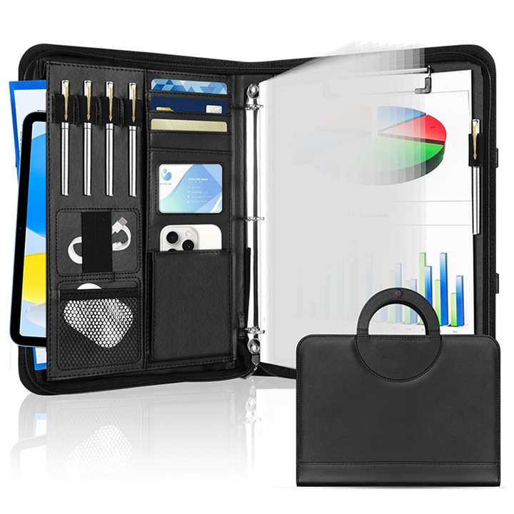 Cipzáras dokumentummappa, Rqiurpn, A4, Eco bőr, fém klipszel, vízálló, kopásálló, hordozható, puha és tartós, könnyen tisztítható, alkalmas üzleti, utazási, irodai használatra, 24,5 x 34 cm, fekete