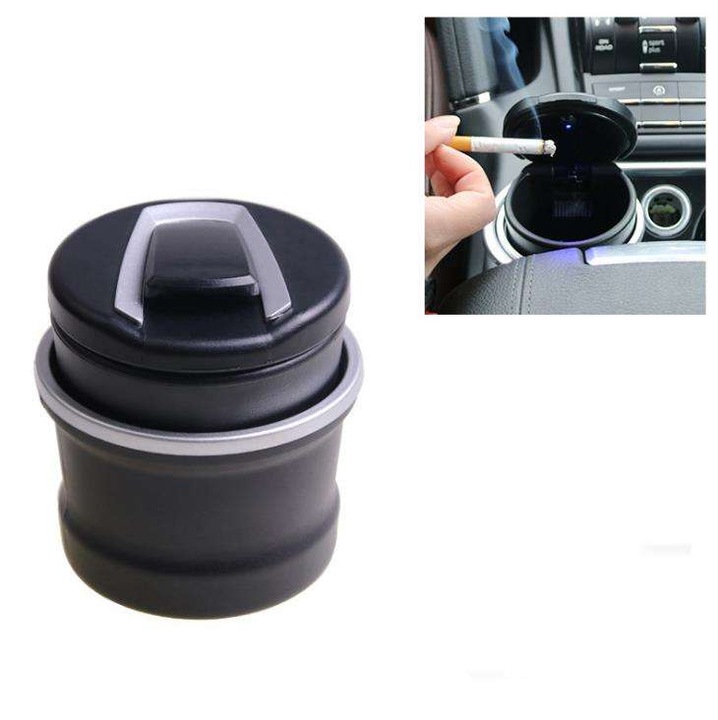 Autós Hamutartó Légmentesen Záródó Fedéllel, Kék LED Világítással, Pohártartóval, Égésgátló Műanyagból, Kompakt Kialakítás Autóhoz, Fekete – Fabrilux®