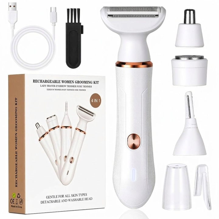 Aparat de ras electric 4 in 1 Leccik® pentru femei, trimmer facial, nazal si corporal, epilare fara durere pentru picioare, brate si zona bikinilor, capete interschimbabile, design ergonomic, Alb