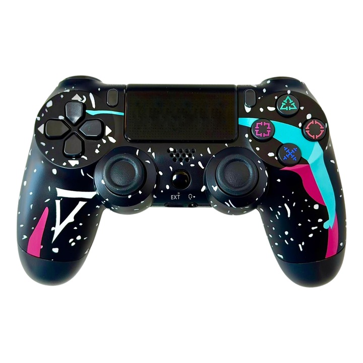 Controller wireless doubleshock, PS4, PS-TV si PS Now, SERIE-COMPATIB, cu vibratii, cablu incarcator inclus, negru graffitti, HAPPY JOKER®