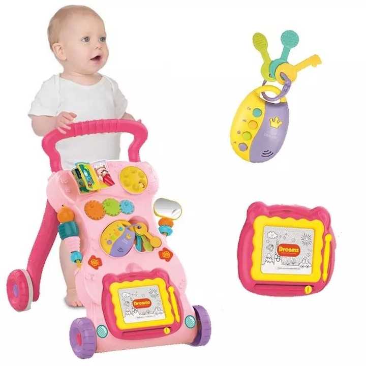 Antepremergator pentru bebelusi Smart Baby cu tablita de scris 3 in 1, centru de activitati Interactive, Tabla Detasabila de Desenat, Sortator cu Forme, Panou Interactiv Detasabil, Roti Antiderapante, design multifunctional, 34x42x45cm, Roz