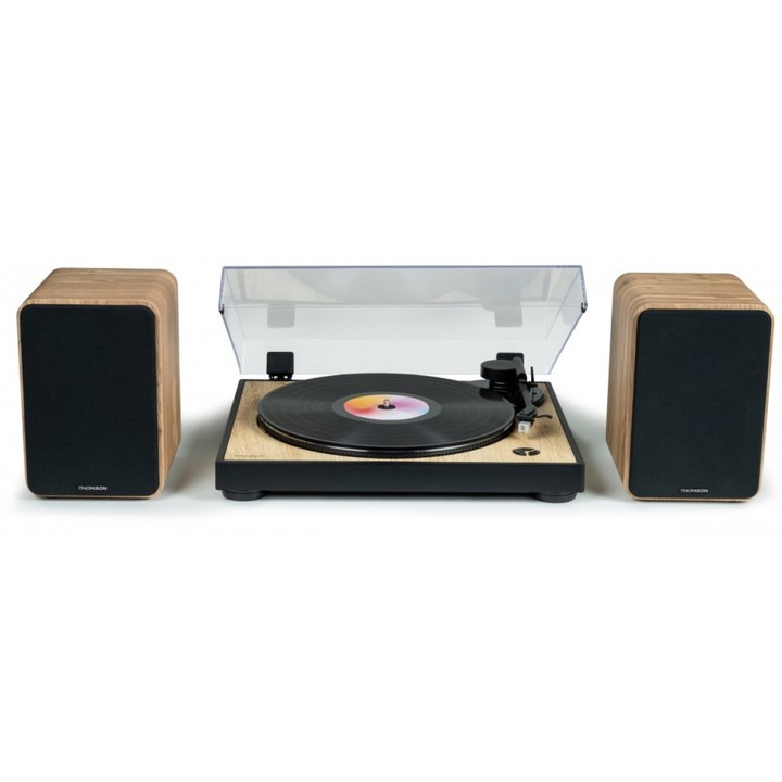 Gramofon cu set de boxe active, Thomson TT300, cu naped pasowy, wkladka Audio-Technica AT3600L, culoare lemn, dimensiuni 39,5x34,3x10cm