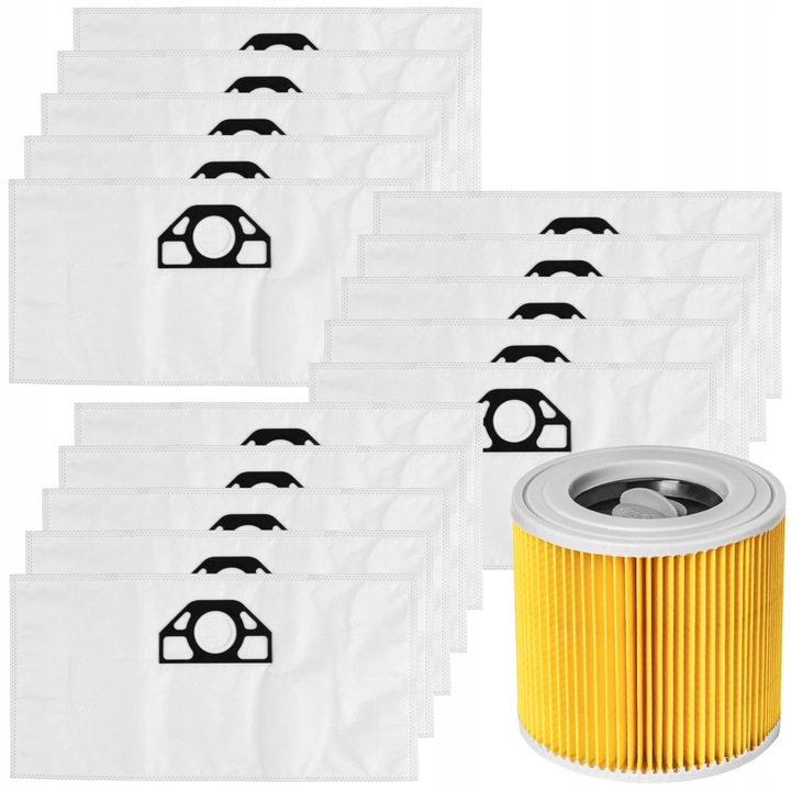 15x Sacuri de Vid + Filtru pentru Aspirator Karcher WD3 WD2 Plus KWD SE4001 SE4002 Seria MV – Set de Sacuri de Inlocuire si Filtru pentru Aspirator Karcher 6.414-552.0, Capacitate Mare, Durabile