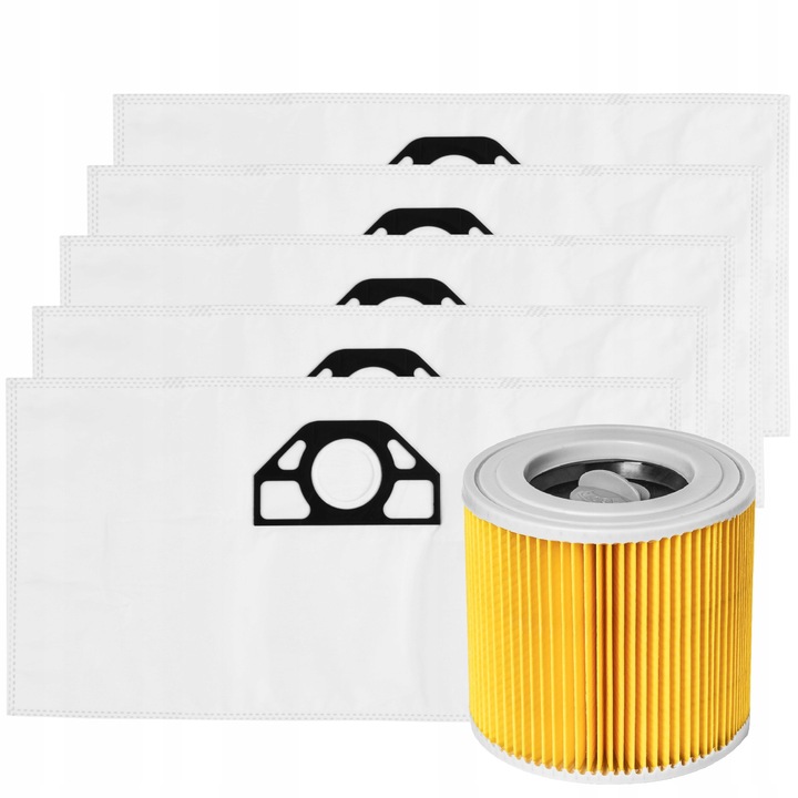 5x Sacii de aspirator + Filtru de aer pentru Karcher WD3 WD2 Plus SE4001 KWD1 KWD2 KWD3 | Saci de schimb sintetici | Filtrare de inalta calitate din microfibra | Compatibili cu WD 3 Battery, SE 4002, MV 3, Seria A | Set durabil anti-praf