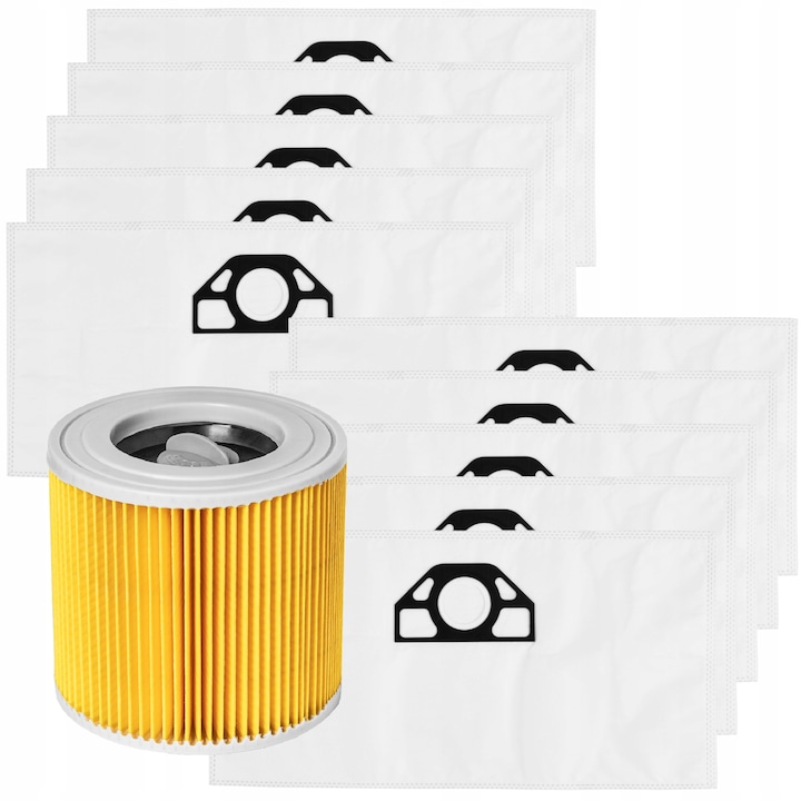 Set 10 Sacii de Aspirator + Filtru Aer pentru Karcher WD3, WD2 Plus, SE4001, KWD1, KWD2, KWD3 | Sacii Sintetici de Schimb | Microfibra cu Filtrare Ridicata | Compatibili cu WD 3 Battery, MV 3, SE 4002, Seria A | Set Sacii Durabili Anti-Praf