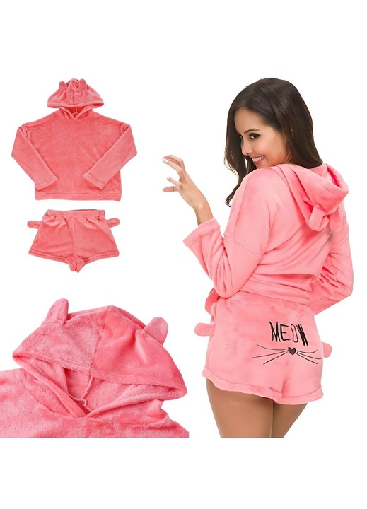 Set pijama dama, din plus moale, marimea M, top cu maneca lunga si pantaloni scurti, roz